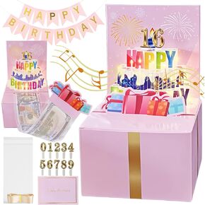 Birthday Money Box for Cash Gift with Age Numbers Cards and Banner, Surprise Musical 3D Pop UP Happy Birthday Cards, Birthday Money Gift Box for Kids,Husband, Men, Women, Mom, Grandma