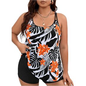 MakeMeChic Women's Plus Size Tankini Bathing Suits Tropical Swim Tank Top with Boyshorts 2 Piece Swimsuit Green Floral X-Large Plus