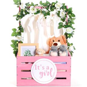 Barydat Wooden Baby Shower Crate Closet It's a Boy/Girl Baby Gift Basket Wood Storage Hamper with Handle Garland Newborn Welcome Gift Gender Reveal Pregnancy New Parent(Pink, Girl)
