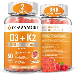 Sugar Free Vitamin D3 K2 Gummies, Vitamin D Gummies Supplement, 10000 IU + 200mcg D3 and K2 Supplements, Tasty Gummy Vitamins, Support For Bones Muscle Teeth Immune, 60 Servings 120 Gummies, Raspberry