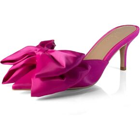 Women's High Heel Sandals, 3'' Satin Closed Pointed Toe Oversized Bow Slip-on Stiletto Slippers Party Prom Casual Dress Mules