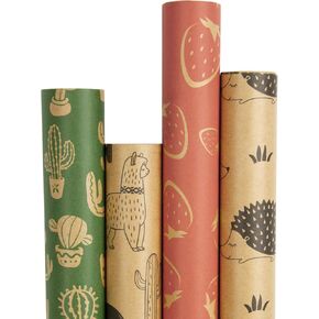 RUSPEPA Wrapping Paper Kraft Paper - Plants All-Black Paint Design - 4 Rolls - 30 inches x 10 feet per Roll