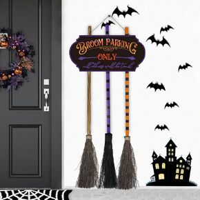 Halloween Decorations Indoor, Halloween Porch Wall Decor, Wooden Witches Broom Parking Sign, Hocus Pocus Decor for Front Door Walls Home Office Outdoor (Black)
