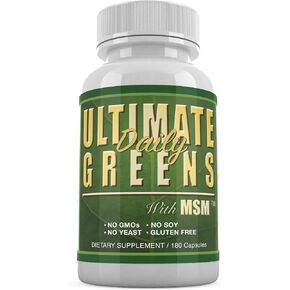 Ultimate Greens with MSM 1925mg Vegan Friendly Natural Ingredients Superfood Vegetable Nutritional Alkalizing Immune Energy Support Supplement 180 Capsules (1 Month Supply)