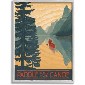 Stupell Industries Paddle Your Own Canoe Phrase Mountain Lake Adventure, Designed by Janelle Penner Gray Framed Wall Art, 24 x 30, Green