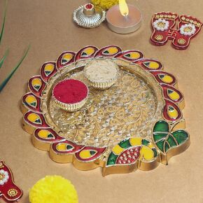 طبق ديكور بوجا ثالي مصنوع يدويًا من غانيش ثالي الهندي لمهرجان ديوالي بوجان ماندير مع مقالات بوجا الأساسية لمهرجان آرتي بوجا راخي وديكورات بوجا وهدايا ديكور المنزل in Kuwait