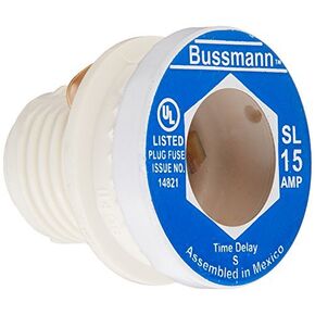 Bussmann BP/SL-15 15 Amp Time Delay Loaded Link Rejection Base Plug Fuse, 125V UL Listed Carded, by Bussmann
