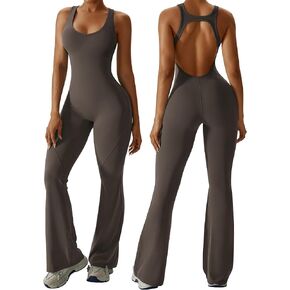 Litthing Women Flare Jumpsuit Backless Workout One Piece Sleeveless Yoga Tummy Control Romper Padded Racerback Gym Unitard