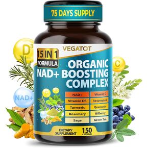 VEGATOT Organic NAD+ Boosting Complex 15-in-1 Formula with Resveratrol Turmeric Quercetin Rosemary Bilberry Sage Green Tea