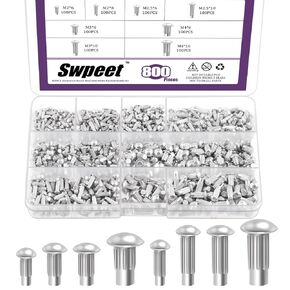 Swpeet 800Pcs M2 M2.5 M3 M4 × 6mm 8mm 10mm Solid Aluminum Brazier Head Rivets Assortment Kit, Half Round Head Solid Knurled Rivets, Aluminum Rivet Solid Rivets for Repairing Boat, Aircraft
