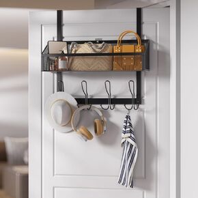 Over The Door Hooks Organizer with 12 Hooks, Over The Door Storage Rack with 2 Mesh Basket,Back of Door Storage Organizer for Bedroom,Bathroom,Kitchen, Pantry, White