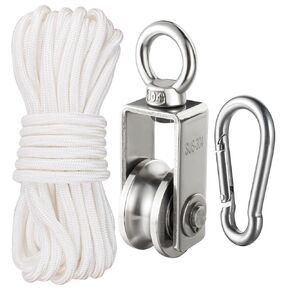Cable Pulley Block Heavy Duty Stainless Steel, Bearing Inside with 32ft Nylon Rope and 1 Hook,Swivel Single Pulley Wheel,Good for Pulley Lifing System,Loading 551lb