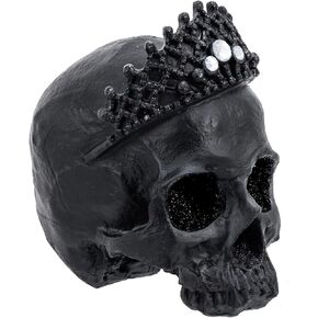MyGift 6 Inch Decorative Human Skull, Matte Black Novel Realistic Resin Skull Statue with Crown, Halloween Party Decoration