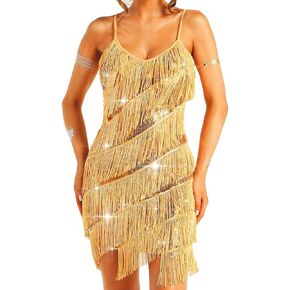 فستان نسائي صغير من Aukmla مزين بالترتر ومهدب فستان قصير بحزام سباغيتي فساتين رقص لاتينية 1920s زي ديسكو للرقص in Kuwait