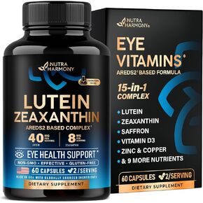 Lutein 40mg & Zeaxanthin 8mg Supplement - Eye Vitamins, AREDS 2 Based Complex - Eye Health & Vision Support - with Saffron, Zinc, Vitamins, Copper & Super Greens - Non-GMO, Made in USA - 60 Capsules