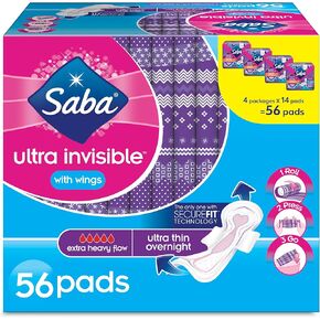 Saba Ultra Invisible Ultra Thin Overnight Pads with Wings, 56 ct