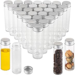 30PCS 50ml Glass Vials with Screw Caps, Clear Flat Test Tubes with Lids, Leak Proof Liquid Sample Vials for Essential Oil, Perfume, Reagent, Medicine, Reusable and Fridge Safe
