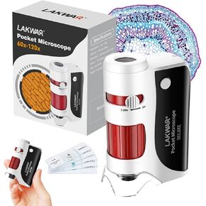 LAKWAR's Pocket Microscope for Kids Adults, 60x-120x Portable Handheld Microscope with 5 Microscope Slides, Mini Microscope for Kids Students Adults Science Lab Education (White&Red)