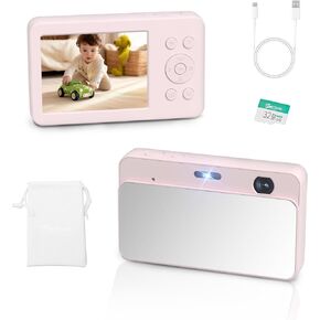 MUTRAIN Slide Open Digital Point and Shoot Camera with Mirror, 1080P Photography Practice, PINK, X10, 32G