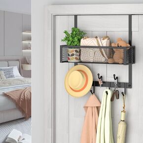 Over The Door Hooks Organizer, Over The Door Towel Rack Hanger with Mesh Basket, Over The Door Coat Rack Storage, Over Door Hanger Hooks for Hanging, Coats, Bathroom, Bedroom, Kitchen, Dormitory
