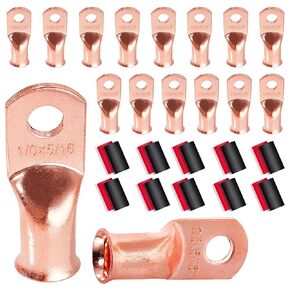 RED WOLF 1/0 AWG - 5/16" Battery Cable End Copper Wire Ring Terminal Connector Lug w/3:1 Ratio Heat Shrink Tubing Black Red, 16 PCS Marine Grade Ring Wire Terminals Copper Stud 0 Gauge for Electrical
