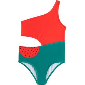 LIZENS Girls One Piece Swimwear One Shoulder Watermelon Print Swimsuit for Kids Girls Bathing Suit