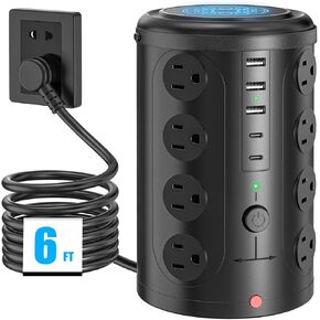 Power Strip Surge Protector Tower with 16 Outlets and 5 USB (2 USB C),UWIWUTEI 6ft Extension Cord Charging Station with Multiple outlets Charging Tower for Home, Office, Dorm Room Essentials, (Black)