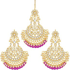 Aheli Indian Wedding Kundan Pearl Maang Tikka with Earring Set Bollywood Party Traditional Jewelry for Women Girls Blue