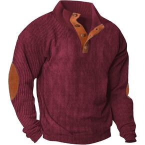 Lexiart Men's Casual Corduroy Sweatshirt Long Sleeve Thermal Stand Collar Button Pullover Sweatshirts