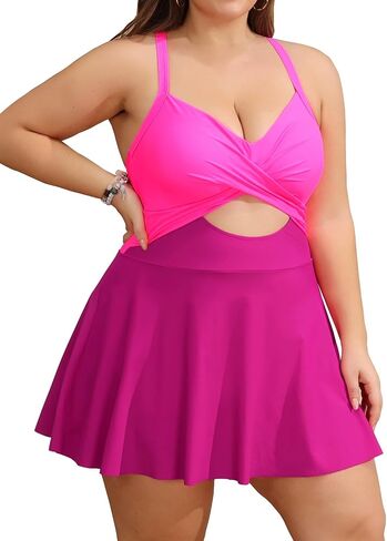 Tempt Me Women Plus Size قطعة واحدة ملابس سباحة بفتحة مع تنورة على شكل حرف V وبدلات استحمام ملفوفة in Saudi Arabia