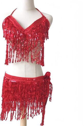 Women 2Pcs Belly Dance Dress Sequin Tassel Bra Top with Fringe Hip Scarf Set Carnival Clubwear in Saudi Arabia