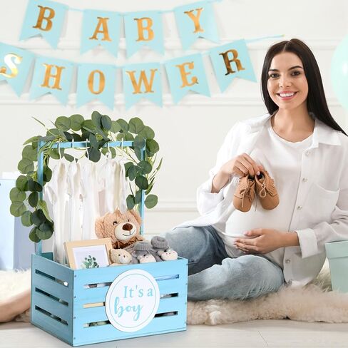 Barydat Wooden Baby Shower Crate Closet It's a Boy/Girl Baby Gift Basket Wood Storage Hamper with Handle Garland Newborn Welcome Gift Gender Reveal Pregnancy New Parent(Pink, Girl) in Saudi Arabia