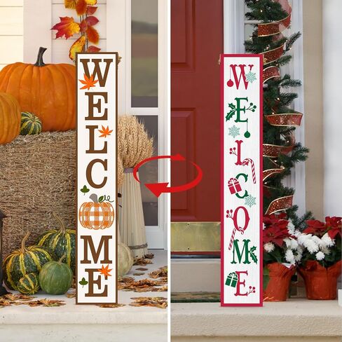 Two Sided Fall Christmas Welcome Sign For Front Porch, 47.2 Inchs Wooden Outdoor Tall Large Vertical Welcome Sign For Front Door Standing Porch Boards Decor, Outside Merry Autumn Winter Yard Home Decorations in Kuwait