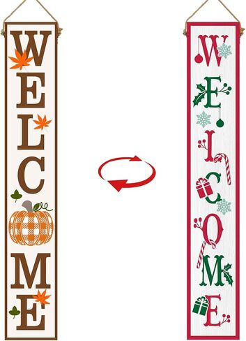 Two Sided Fall Christmas Welcome Sign For Front Porch, 47.2 Inchs Wooden Outdoor Tall Large Vertical Welcome Sign For Front Door Standing Porch Boards Decor, Outside Merry Autumn Winter Yard Home Decorations in Kuwait