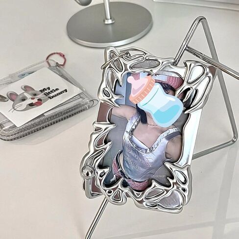 Electroplate Plastics Frame Photocard Holder With Keychain Silver Plating Irregular Photo Card Holder Keychain Y2K ID Badge Holder Photocard Keychain for Student Card Case Stationery in Saudi Arabia