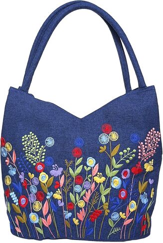 Embroidered Handbags for Women, Large Colorful Flower Shoulder Tote Bag with Zipper,13.8x6.3x14.5, Fabric Tote Bag, Hobo Bags For Women, Mother's Day Bag, Tote Bag Aesthetic with Inner Pocket in Kuwait