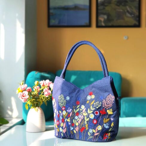 Embroidered Handbags for Women, Large Colorful Flower Shoulder Tote Bag with Zipper,13.8x6.3x14.5, Fabric Tote Bag, Hobo Bags For Women, Mother's Day Bag, Tote Bag Aesthetic with Inner Pocket in Kuwait