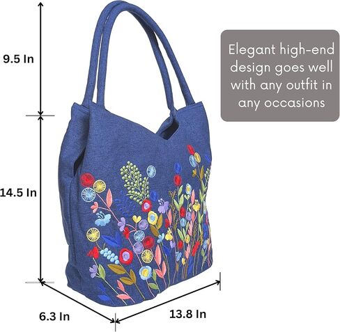 Embroidered Handbags for Women, Large Colorful Flower Shoulder Tote Bag with Zipper,13.8x6.3x14.5, Fabric Tote Bag, Hobo Bags For Women, Mother's Day Bag, Tote Bag Aesthetic with Inner Pocket in Kuwait