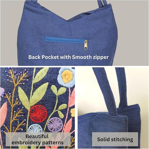 Embroidered Handbags for Women, Large Colorful Flower Shoulder Tote Bag with Zipper,13.8x6.3x14.5, Fabric Tote Bag, Hobo Bags For Women, Mother's Day Bag, Tote Bag Aesthetic with Inner Pocket in Kuwait