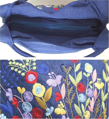 Embroidered Handbags for Women, Large Colorful Flower Shoulder Tote Bag with Zipper,13.8x6.3x14.5, Fabric Tote Bag, Hobo Bags For Women, Mother's Day Bag, Tote Bag Aesthetic with Inner Pocket in Kuwait