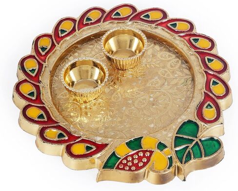 طبق ديكور بوجا ثالي مصنوع يدويًا من غانيش ثالي الهندي لمهرجان ديوالي بوجان ماندير مع مقالات بوجا الأساسية لمهرجان آرتي بوجا راخي وديكورات بوجا وهدايا ديكور المنزل in Kuwait