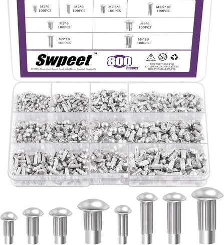 Swpeet 800Pcs M2 M2.5 M3 M4 × 6mm 8mm 10mm Solid Aluminum Brazier Head Rivets Assortment Kit, Half Round Head Solid Knurled Rivets, Aluminum Rivet Solid Rivets for Repairing Boat, Aircraft in Saudi Arabia