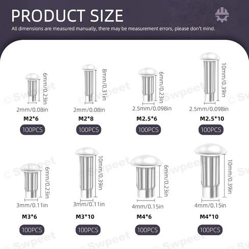 Swpeet 800Pcs M2 M2.5 M3 M4 × 6mm 8mm 10mm Solid Aluminum Brazier Head Rivets Assortment Kit, Half Round Head Solid Knurled Rivets, Aluminum Rivet Solid Rivets for Repairing Boat, Aircraft in Saudi Arabia