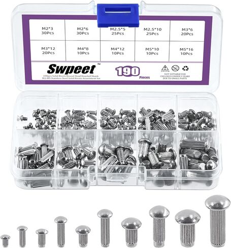 Swpeet 800Pcs M2 M2.5 M3 M4 × 6mm 8mm 10mm Solid Aluminum Brazier Head Rivets Assortment Kit, Half Round Head Solid Knurled Rivets, Aluminum Rivet Solid Rivets for Repairing Boat, Aircraft in Saudi Arabia