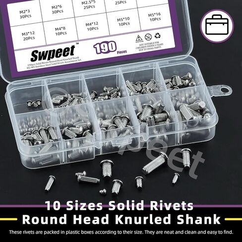 Swpeet 800Pcs M2 M2.5 M3 M4 × 6mm 8mm 10mm Solid Aluminum Brazier Head Rivets Assortment Kit, Half Round Head Solid Knurled Rivets, Aluminum Rivet Solid Rivets for Repairing Boat, Aircraft in Saudi Arabia