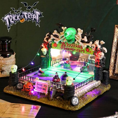 VCUTEKA Halloween Village Bumper Car تمثال مع هياكل عظمية شبح اليقطين لديكورات الهالوين، تمثال الهالوين مع ضوء LED للديكور الداخلي وحفلات الهالوين على الطاولة in Saudi Arabia