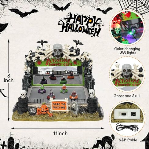 VCUTEKA Halloween Village Bumper Car تمثال مع هياكل عظمية شبح اليقطين لديكورات الهالوين، تمثال الهالوين مع ضوء LED للديكور الداخلي وحفلات الهالوين على الطاولة in Saudi Arabia