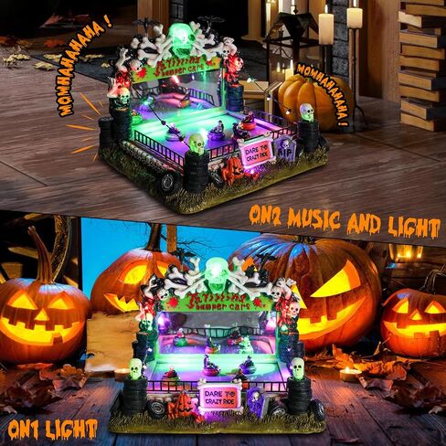 VCUTEKA Halloween Village Bumper Car تمثال مع هياكل عظمية شبح اليقطين لديكورات الهالوين، تمثال الهالوين مع ضوء LED للديكور الداخلي وحفلات الهالوين على الطاولة in Saudi Arabia
