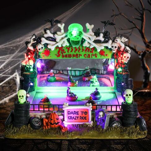 VCUTEKA Halloween Village Bumper Car تمثال مع هياكل عظمية شبح اليقطين لديكورات الهالوين، تمثال الهالوين مع ضوء LED للديكور الداخلي وحفلات الهالوين على الطاولة in Saudi Arabia