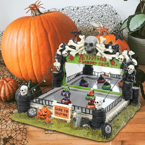 VCUTEKA Halloween Village Bumper Car تمثال مع هياكل عظمية شبح اليقطين لديكورات الهالوين، تمثال الهالوين مع ضوء LED للديكور الداخلي وحفلات الهالوين على الطاولة in Saudi Arabia